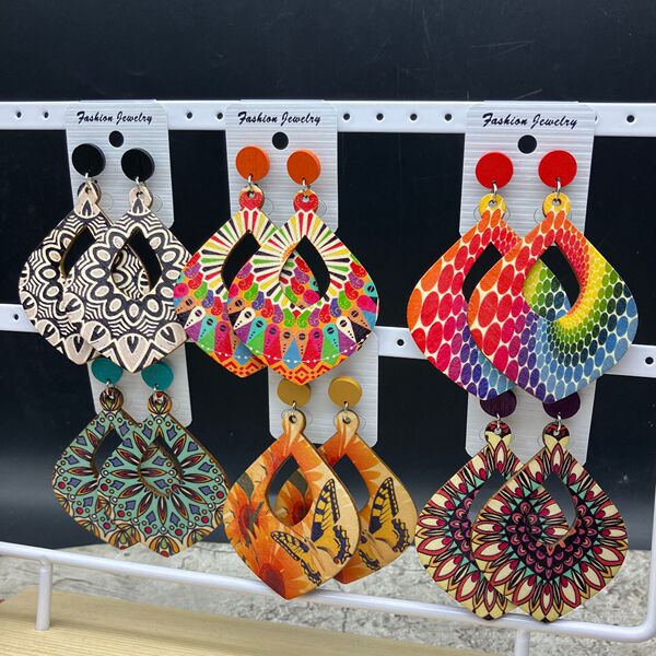 retro wooden long beach large earrings