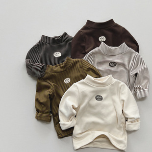 Children's Warm All-match fleece-lined Base Shirt Boys' Striped Printed Mori Top Girls' Korean Fashionable Children's Wear Winter