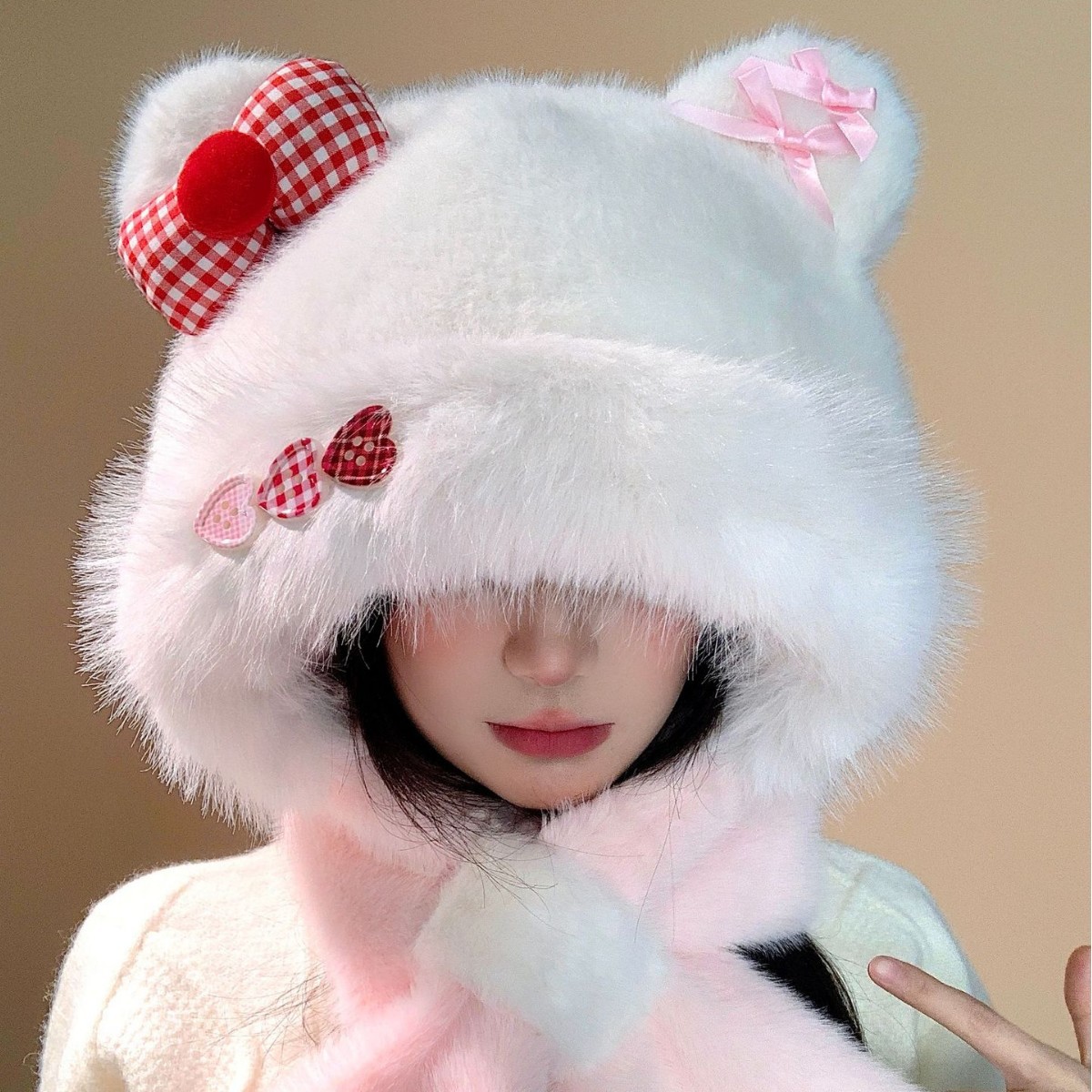 Cute Cat Ear Bowknot Plush Hat for Women, Autumn and Winter Sweet Thickened Warm Ear Protection Fleece-Lined Lei Feng Hat
