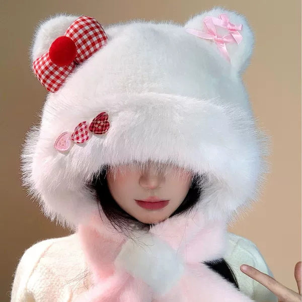 Cute Cat Ear Bowknot Plush Hat for Women, Autumn and Winter Sweet Thickened Warm Ear Protection Fleece-Lined Lei Feng Hat