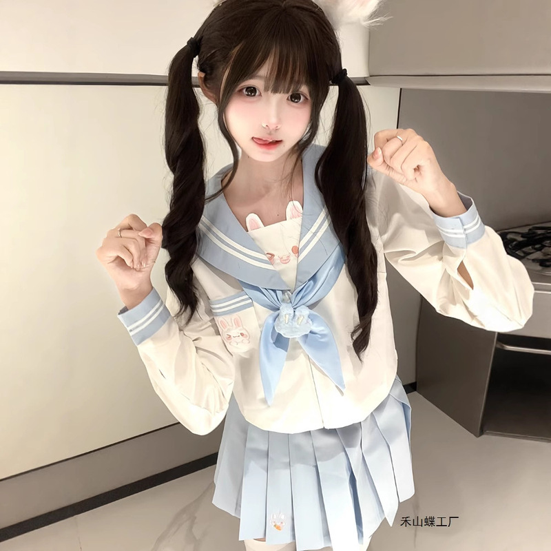 Tianke オリジナル本物の Omi ウサギ JK 制服女性の日本のカレッジスタイル甘いセーラー服半袖刺繍スカートスーツ|undefined