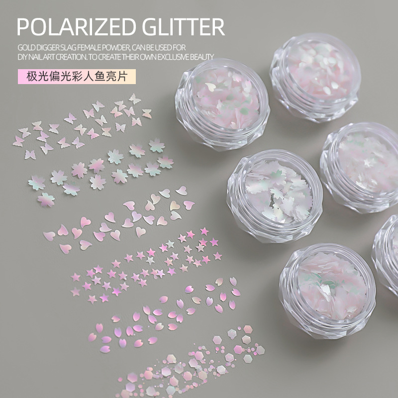 Lentejuelas de uñas, lentejuelas de sirena polarizada irregular, brillo fino, mariposa mixta, estrellas, lentejuelas, joyas de uñas