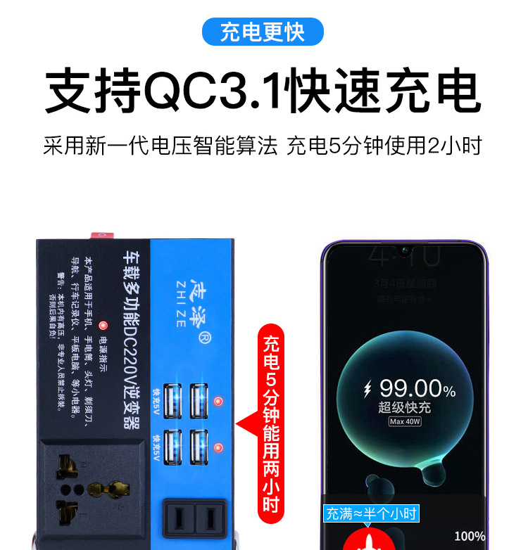 Car charger 12V24V to 220V super fast charging mobile phone socket car power inverter converter adapter