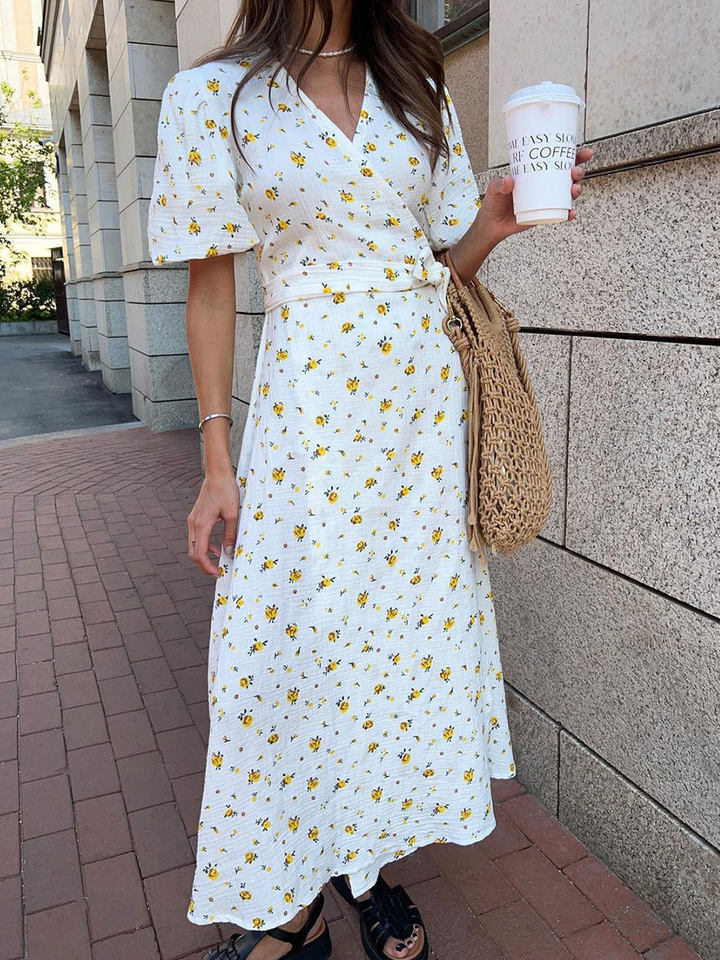 Đầm liền cotton in hoa cổ chữ V tay bồng buộc dây lưng cao — Hoa oải hương, Hoa tulip màu hồng, Màu be, Màu hồng chi tiết 135