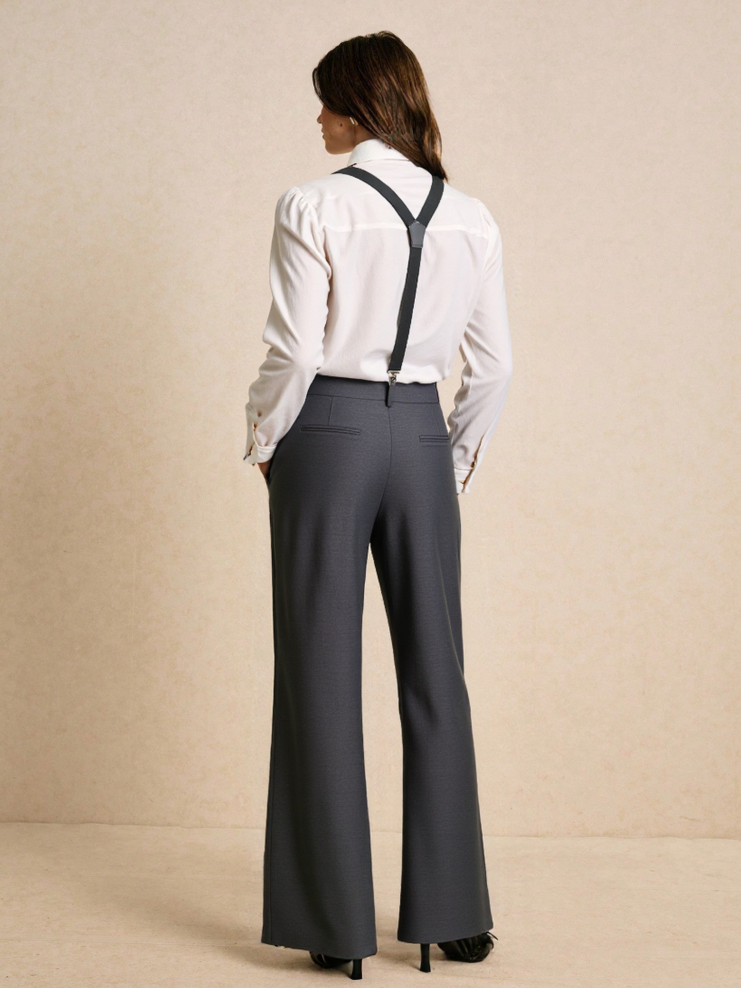 Artistic White Collared Long Sleeve Shirt Matching Gray Suspender Pants Two Piece Elegant Sets 8 Artistic White Collared Long Sleeve Shirt Matching Gray Suspender Pants Two Piece Elegant Sets