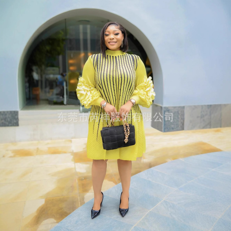 Miyake dress Cross-border New Miyake Pleated Beaded Line Printed Hand Flower Long Sleeve Round Neck dress