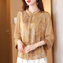 妈妈中袖雪纺衬衫女夏装复古中式碎花立领小衫小个子温柔上衣