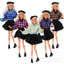 6分30CM11寸洋娃娃时尚格子娃衣黑裙子帽子包包设计套装跨境外贸