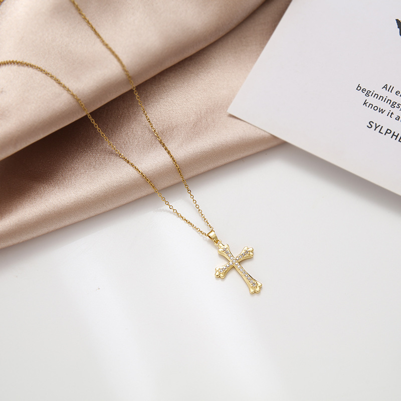 Fashion Cross Stainless Steel Inlaid Zircon Necklace display picture 2