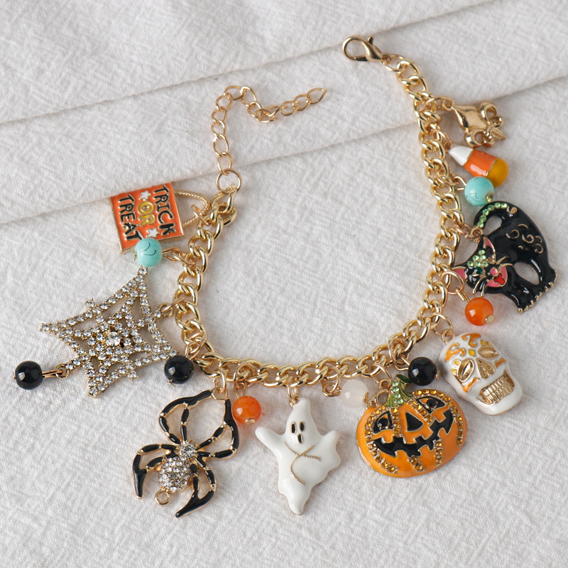 Halloween Charm Bracelet With Spider Pumpkin Skull And Diamonds_voghion.com
