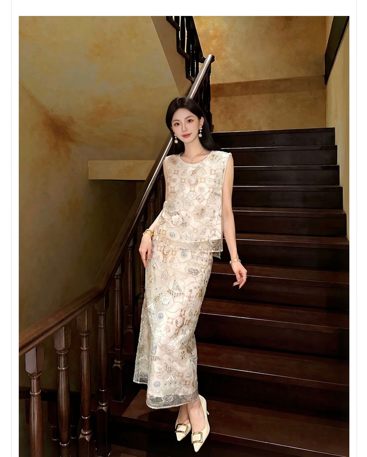 Bộ áo vest không tay và chân váy midi thêu ren cườm phong cách Tân Trung Hoa — bộ đồ, nửa váy, Trang chủ chi tiết 7