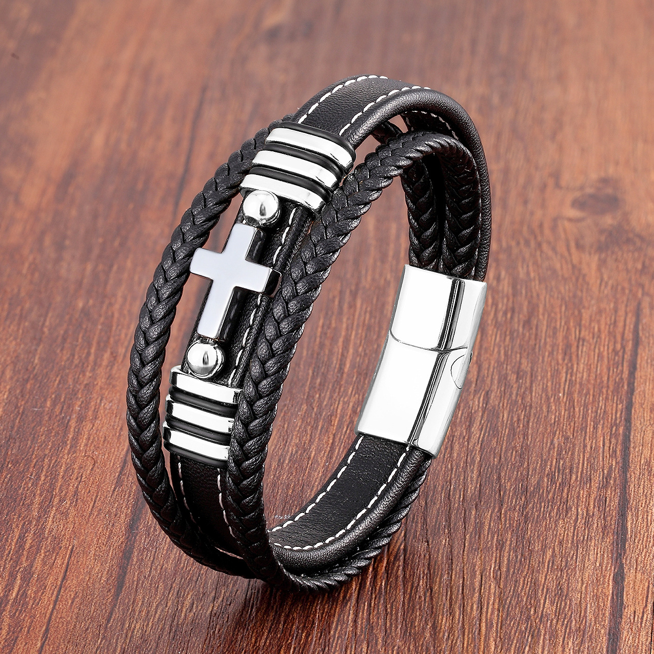 Multi-layer men's leather vintage bracelet European and American style stone cross bracelet stainless steel magnet buckle bracelet