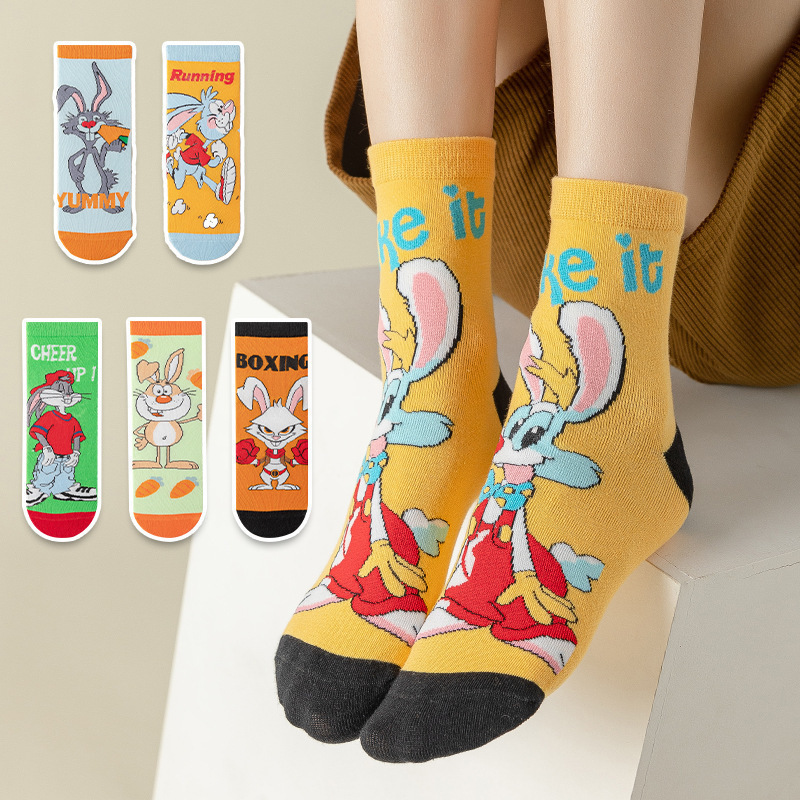 Autumn and Winter New Socks for Women, Cartoon Rabbit Letters, Mid-Calf Women's Socks, Trendy Casual Wear Socks, Manufacturers Ready for Sale
