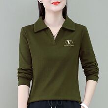 春秋季POLO衫大码宽松女士长袖t恤女遮肚打底衫上衣运动服女装潮