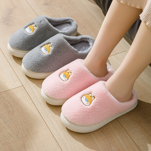 Winter New Cotton Slippers Home Indoor Thick Warm Cotton Shoes Solid Color Cartoon Embroidered Home Anti-Slip Shoes Wholesale