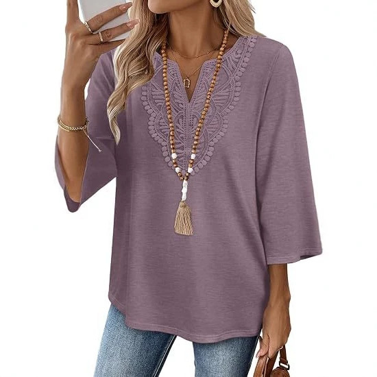 2026 Amazon Women's Loose V-Neck Plus Size Lace T-Shirt for Summer, Comfortable and Casual for Home and Outings in Europe and America 2026 Amazon Women's Loose V-Neck Plus Size Lace T-Shirt for Summer, Comfortable and Casual for Home and Outings in Europe and America