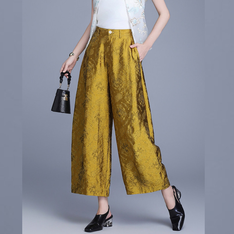 New Chinese-Style Jacquard Cropped Wide-Leg Pants for Women, Loose Fit, 2026 Summer New Model, Thin Style for Middle-Aged Moms, Curved Pants