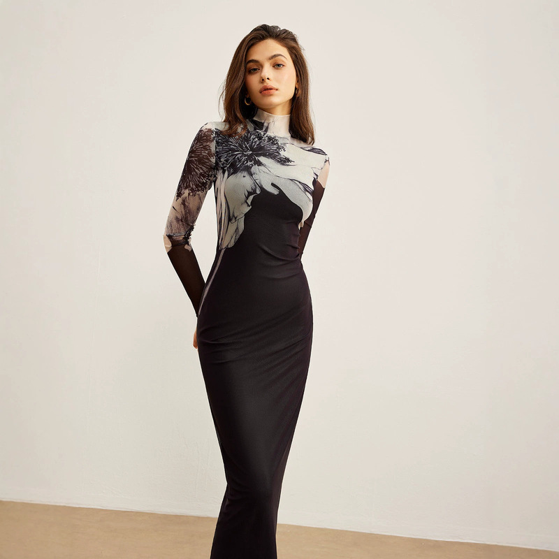 European and American Spring/Summer New Women's Fashion Elegant Printed Mesh High-Neck Breathable Dress