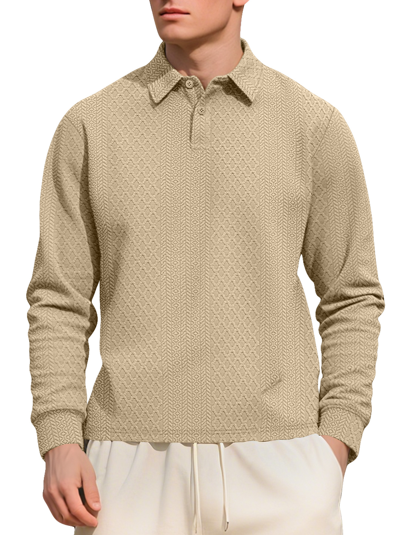26 Cross-Border European And American Men's Textured Jacquard Solid Color Button New Polo Shirt Turn-Down Collar_voghion.com
