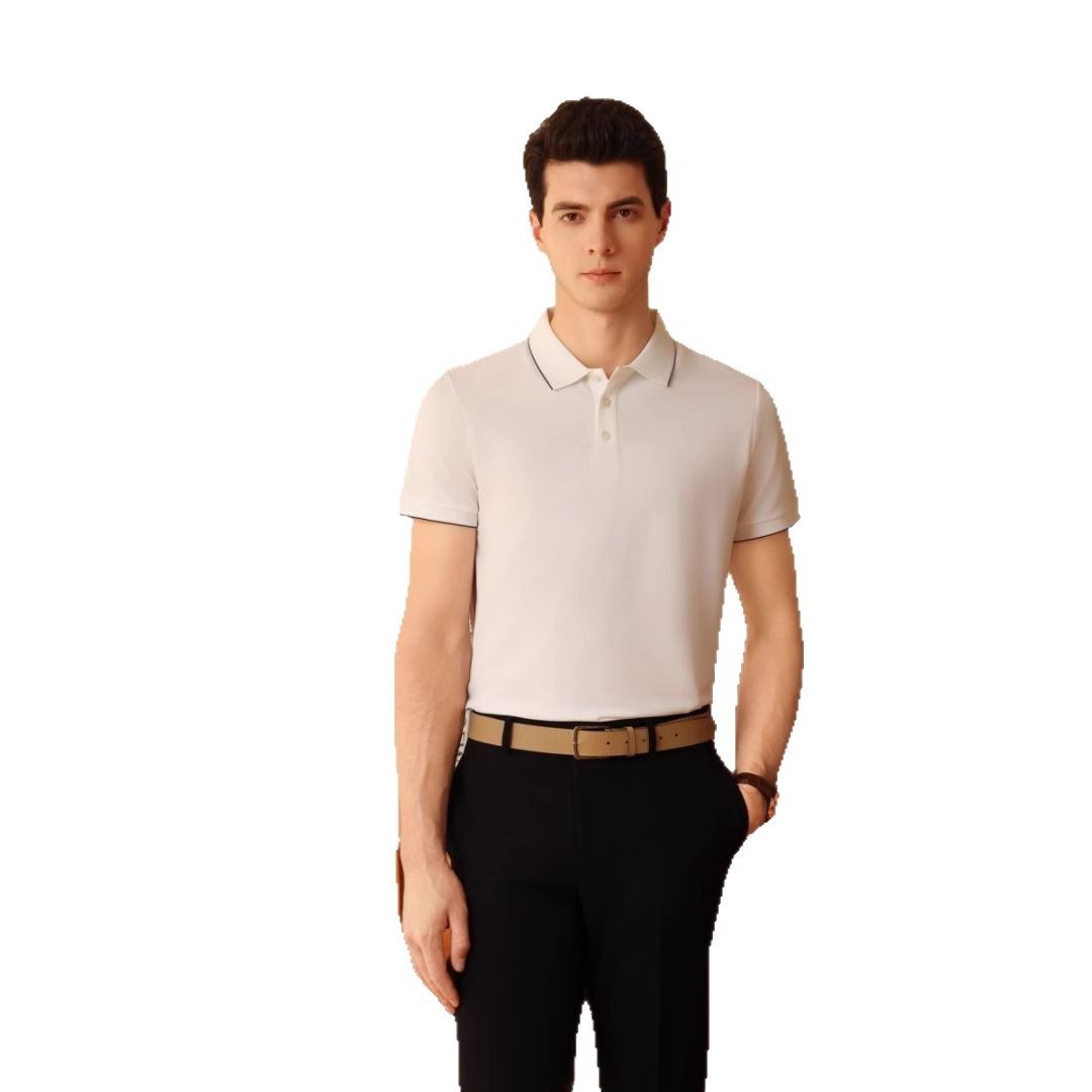 Calidad Verano frío, transpirable, ligero, lujo, fragancia fresca, poliéster, amoníaco, solapa de color sólido, camisa POLO en vivo, camiseta de manga corta