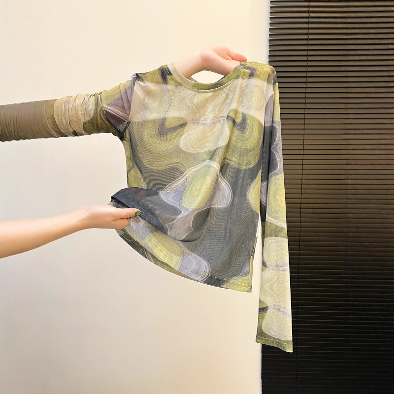 Hong Kong Style Retro Geometric Pattern Long-Sleeved Mesh Top Thin Air-Conditioned Blouse Early Autumn Chic and Good-Looking Bottoming Shirt for Women Hong Kong Style Retro Geometric Pattern Long-Sleeved Mesh Top Thin Air-Conditioned Blouse Early Autumn Chic and Good-Looking Bottoming Shirt for Women