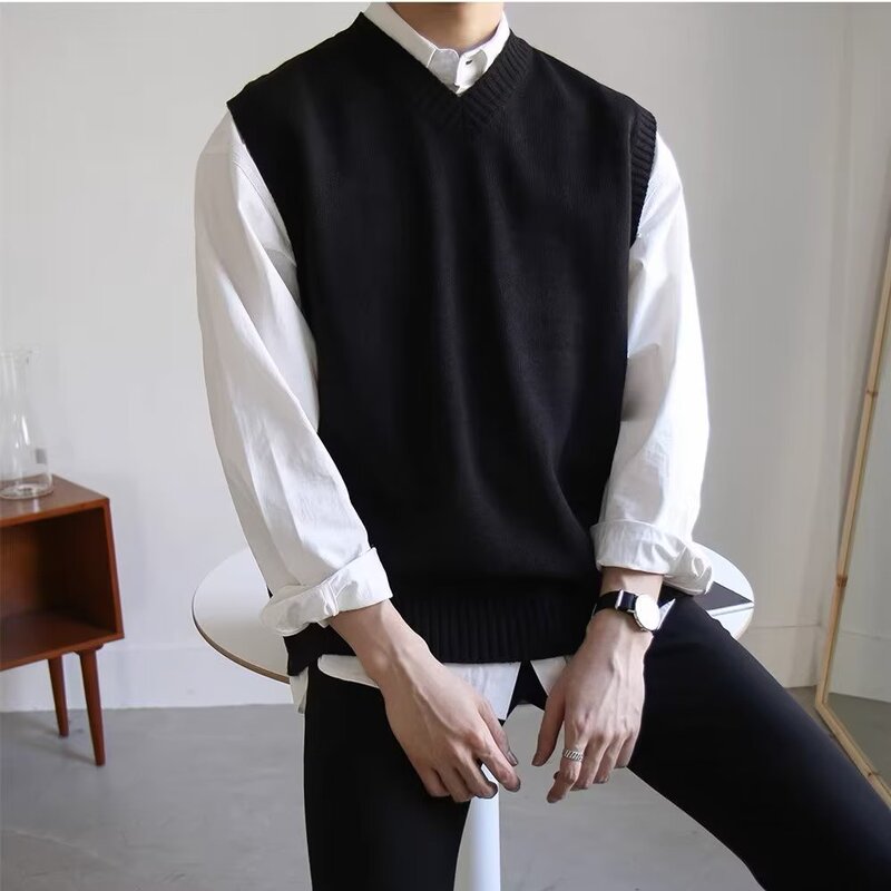 Korean style preppy style V-neck sleeveless sweater vest men's spring and autumn simple trendy loose pullover sweater