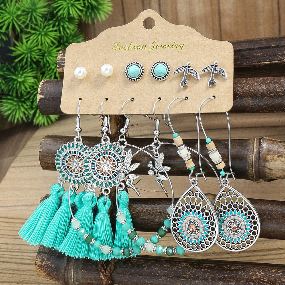 1 Set Ethnic Style Color Block Inlay Alloy Turquoise Drop Earrings display picture 3