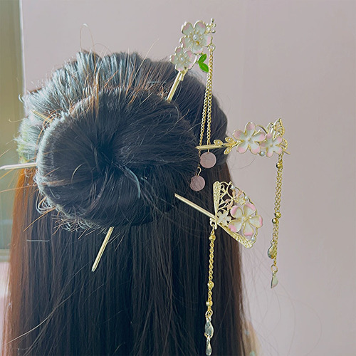 Antique-style fan cherry blossoms butterflies tassel hairpin retro temperament coiled hairpin hair accessory Hanfu hair pendant hairpin head accessory hair decoration