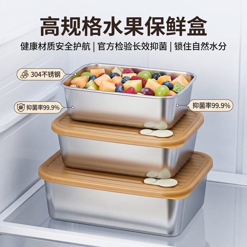 Fruit preservation box made of 304 stainless steel with silver ions for antibacterial sealing, suitable for refrigerator storage, dustproof, odor-proof, stackable for storage Fruit preservation box made of 304 stainless steel with silver ions for antibacterial sealing, suitable for refrigerator storage, dustproof, odor-proof, stackable for storage