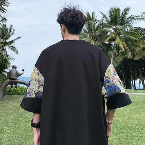 Men's Streetwear High-End Splicing Short Sleeve T-Shirt with Design, Korean Style Loose Half-Sleeve T-Shirt, Summer New Arrival Versatile T-Shirt