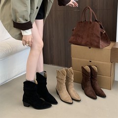 粗跟短筒靴西部靴女款靴子法式堆堆靴秋夏款小个子卡其色短靴女靴