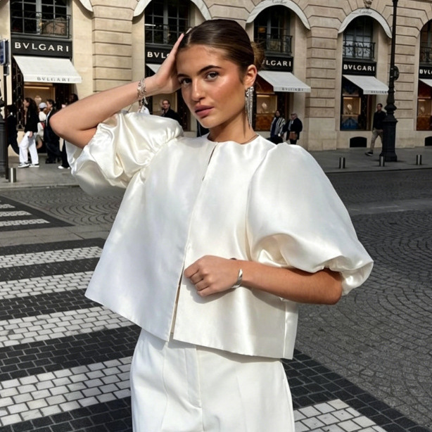 In Stock - New European and American Cross-Border Fashion Satin Puff Sleeve Short Loose French-Style Simple Blouse Shirt