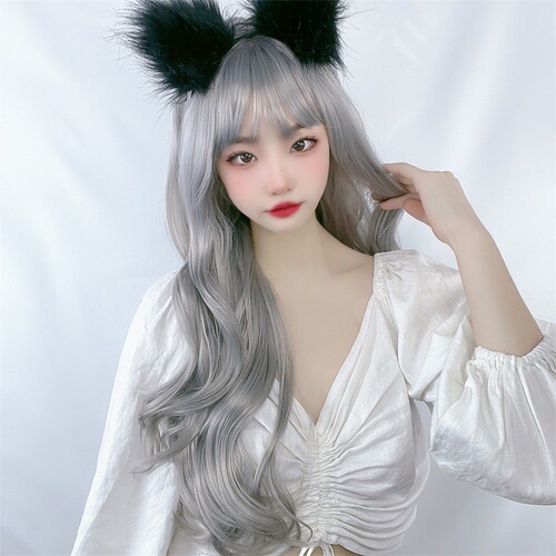 Manufacturer European and American fashion cross-border wig for women with long curly hair air bangs granny gray Amazon new headgear
