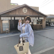 蓝色蕾丝花边衬衫女春季长袖衬衣开衫休闲宽松慵懒中长款上衣外搭