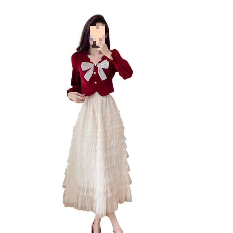 秋套装女小个子穿搭一整套小香风上衣服层层网纱蛋糕半身裙两件套|undefined