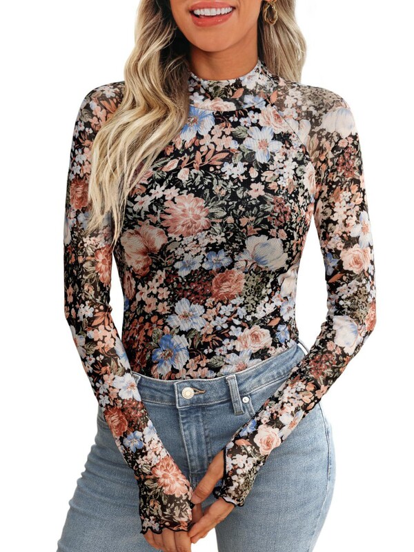 2024 European and American Amazon Floral Mesh Round Neck Long-Sleeve Mesh Top with Thumb Holes, Autumn Base Shirt, Commuter Style
