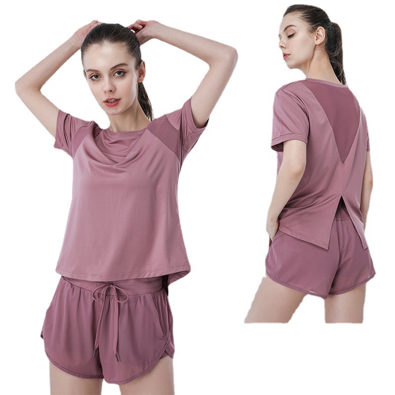 Cross-border Foreign Trade Single-piece Short-sleeved Shorts Mesh Breathable Sportswear Suit Women's Yoga Running Quick-drying Clothes Fitness Clothes