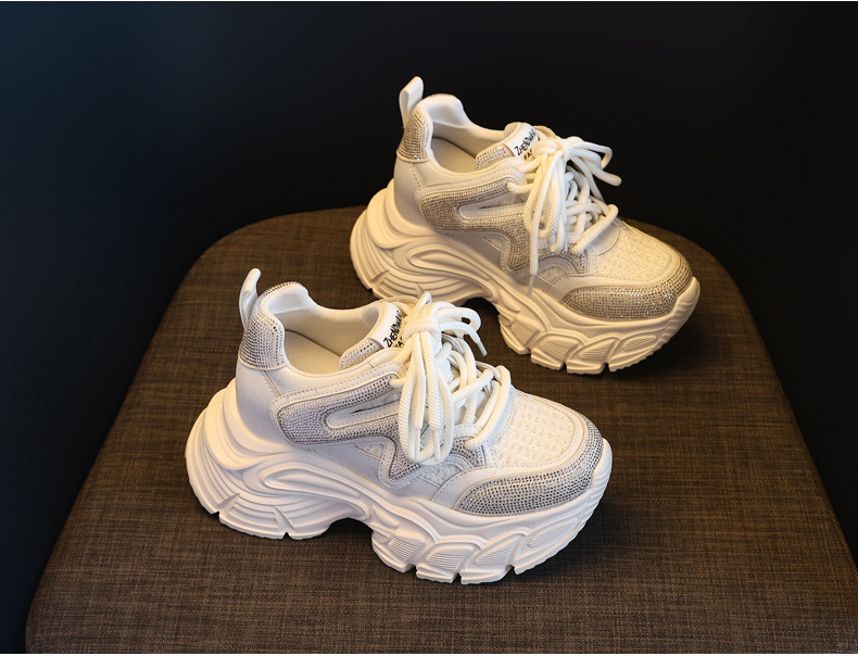 Giày sneaker nữ đế dày tăng chiều cao phong cách thể thao đính đá rhinestone — màu trắng chi tiết 5