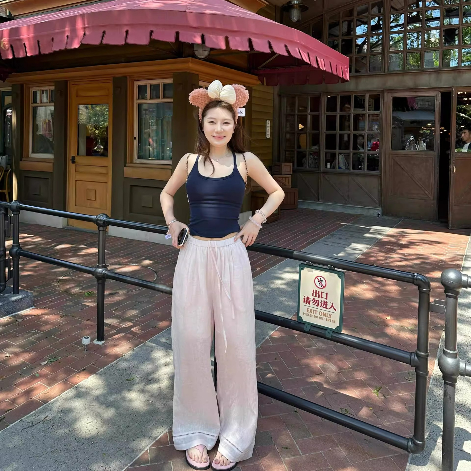 薄い綿とリネンのピンクのリネンワイドレッグパンツ、女性用、夏、優しい、ゆったり、カジュアル、レースアップ、ウエストゴム、ストレートパンツ