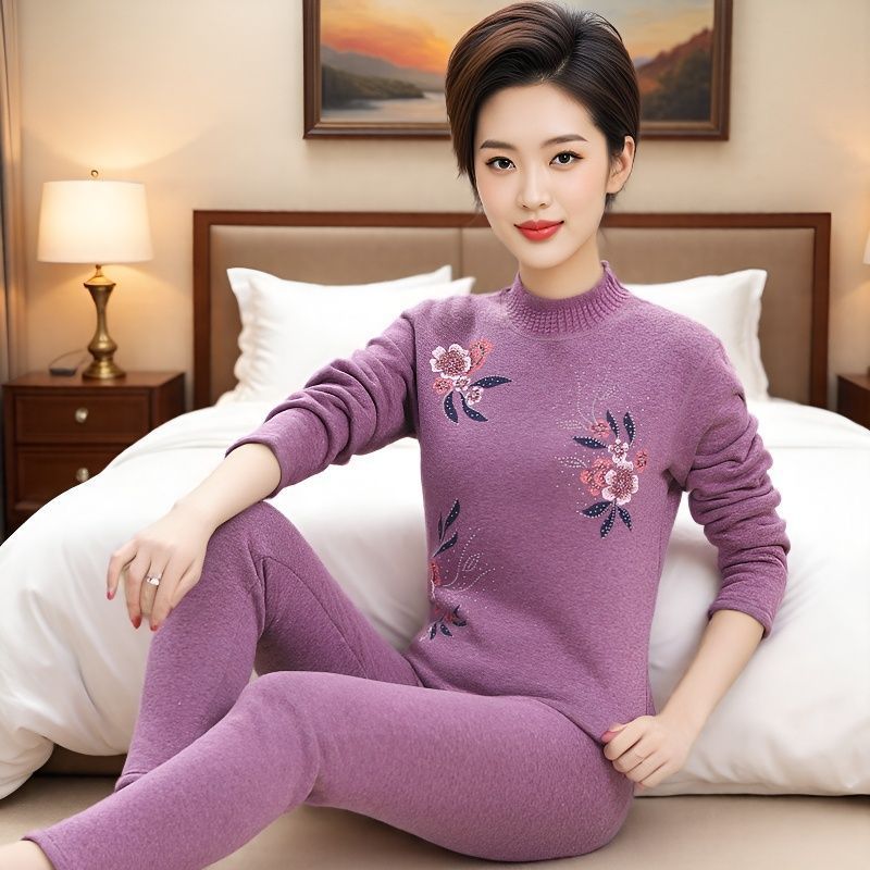 Thermal Underwear Set for Middle-Aged and Elderly Women, Fleece-Lined and Thickened, High-Neck Top and Pants, Extra Thick Winter Cold-Proof Clothing