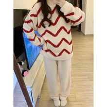 睡衣女韩版秋冬季半边绒甜美条纹加绒保暖珊瑚绒家居服可外穿套装
