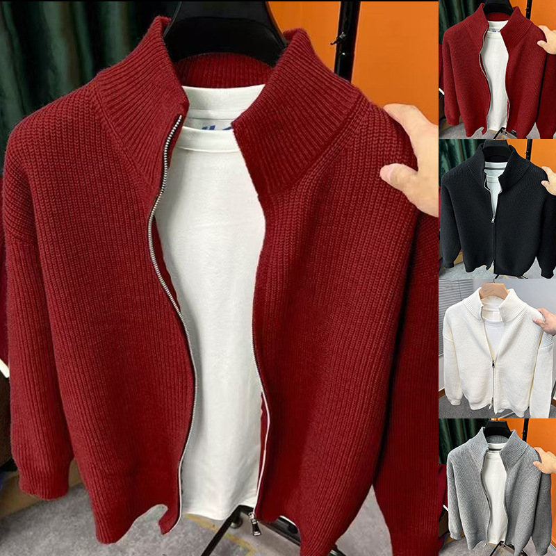 Cardigan Solid Color Zipper Sweater Men's Versatile Knitwear Autumn and Winter Popular Jacket Stand Collar Outerwear Foreign Trade Cross-Border Wholesale