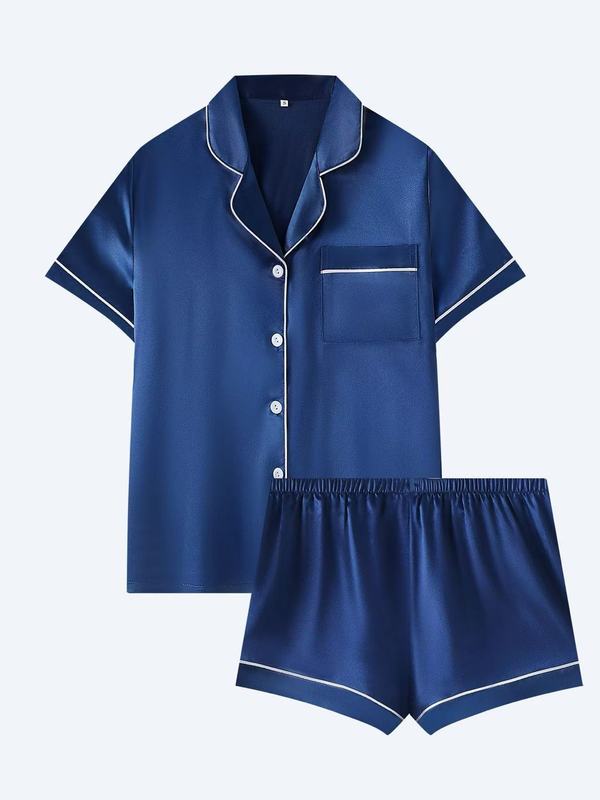 跨境外贸Nightwear简约气质百搭女舒适短袖衬衫家居服短裤套装|undefined