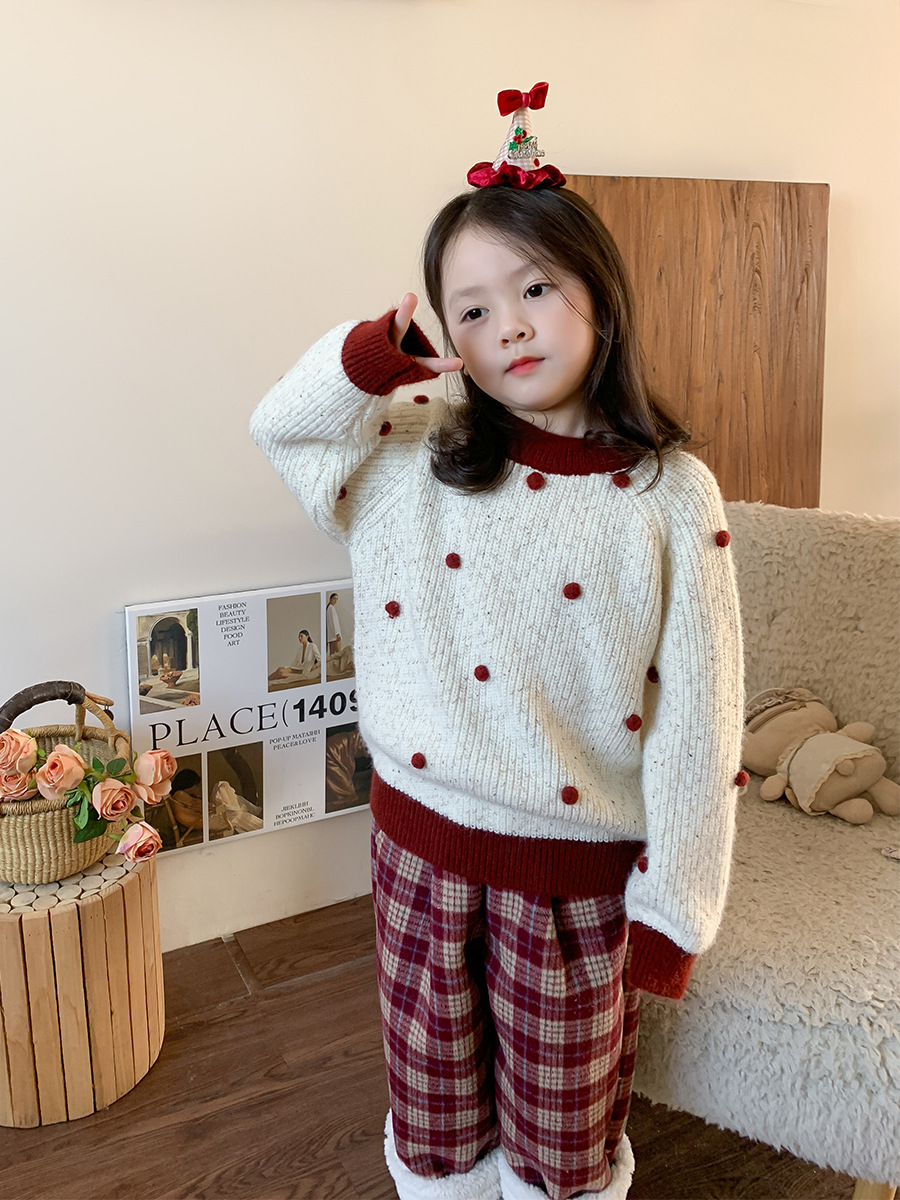 weimu children‘s clothing 2024 new girls‘ thickened contrast color sweater baby girls‘ christmas clothes red casual chinese new year