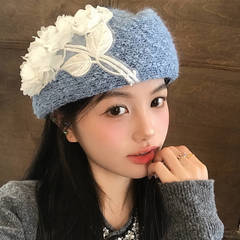 日系甜美立体花朵蓝色针织贝雷帽女大头围显脸小百搭云朵画家帽子