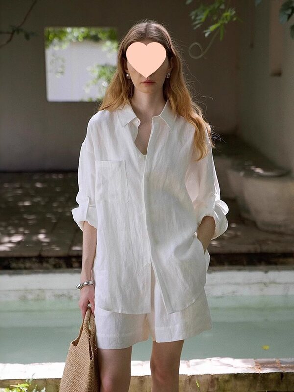 白色老钱风亚麻长袖衬衫女夏薄款轻奢设计感棉麻衬衣短裤防晒套装|undefined