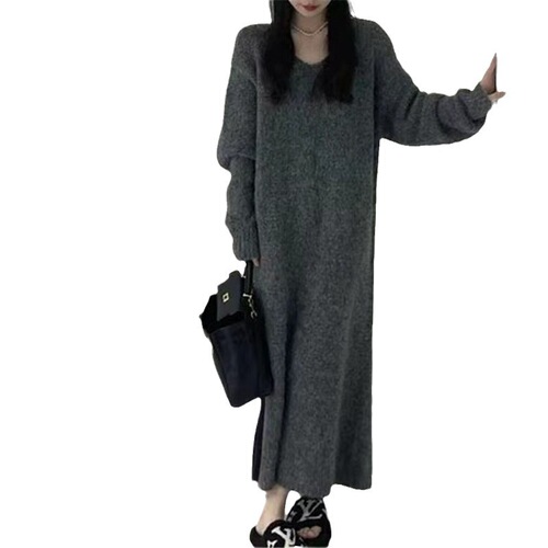 Korean-style mid-length knitted dress for women, autumn/winter 2024 new style, lazy inner layer bottoming dress with V-neck sweater dress