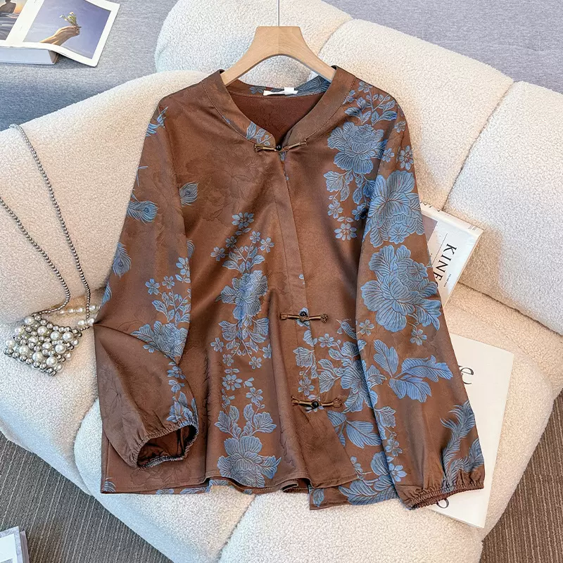 130-350斤大码女装胖mm春秋新款复古新中式温柔风盘扣立领衬衫