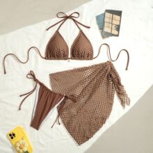 新款欧美时尚性感纯色镂空分体泳衣女渔网裙比基尼三件套泳装跨境