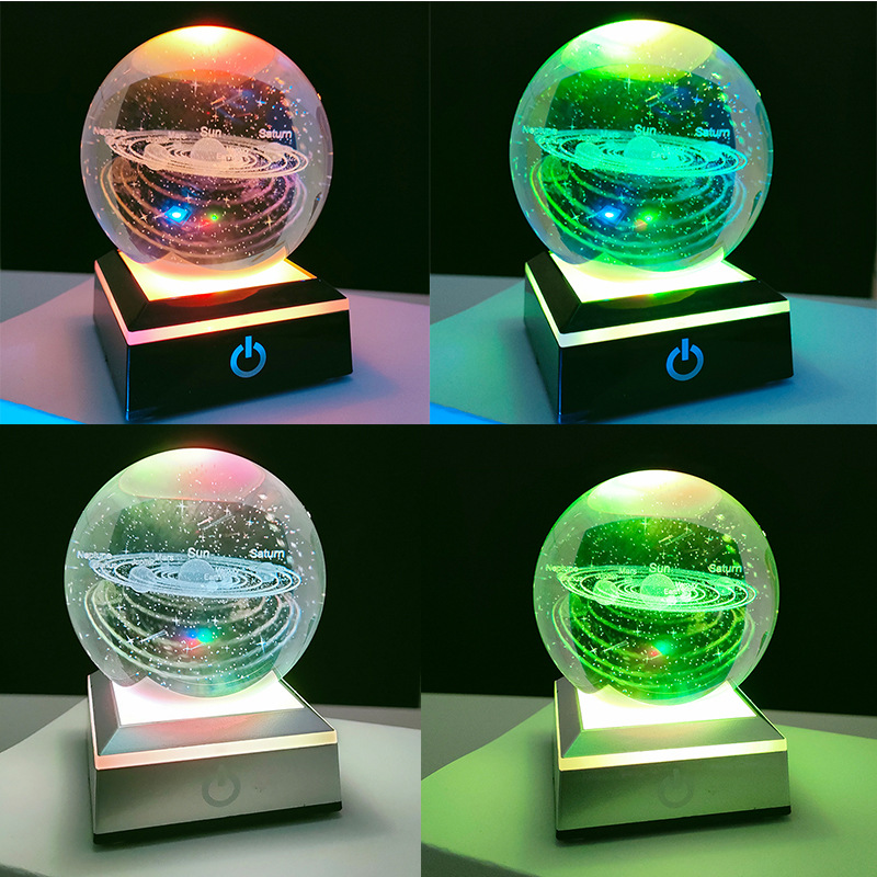 新款K9太阳系水晶球宇宙系列玻璃球发光底座3D内雕可一件代发